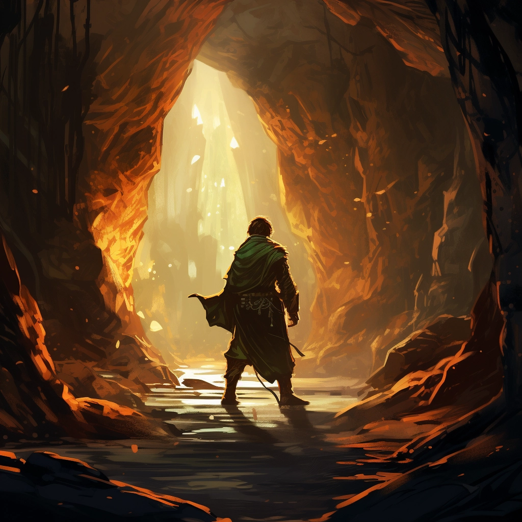 A figure in garb standing in a cave in the style of