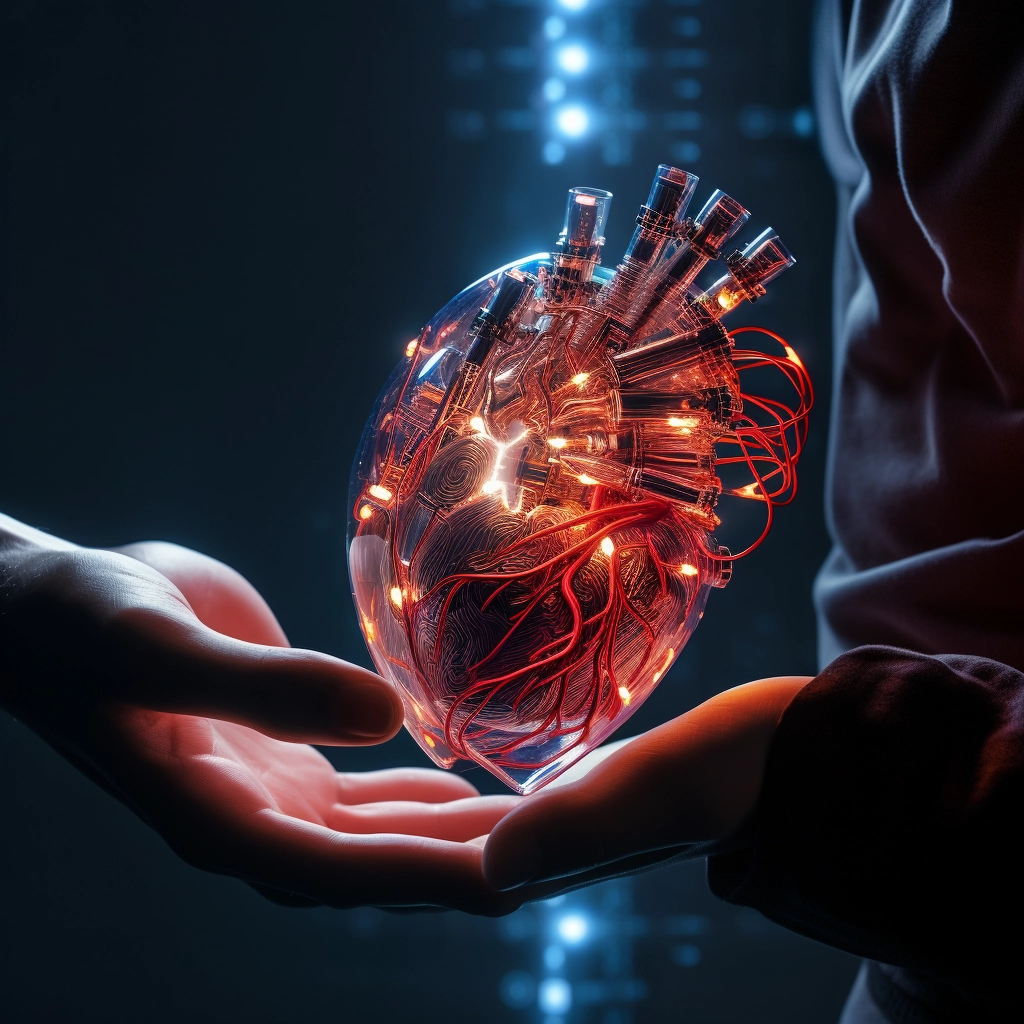 Synthetic heart being held in a robotic hand
