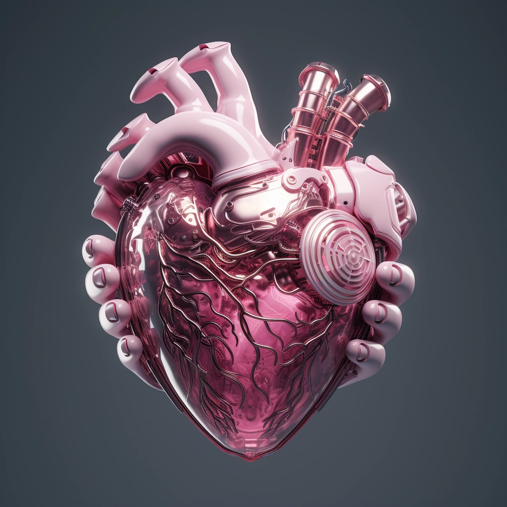 Synthetic heart being held in a robotic hand in the