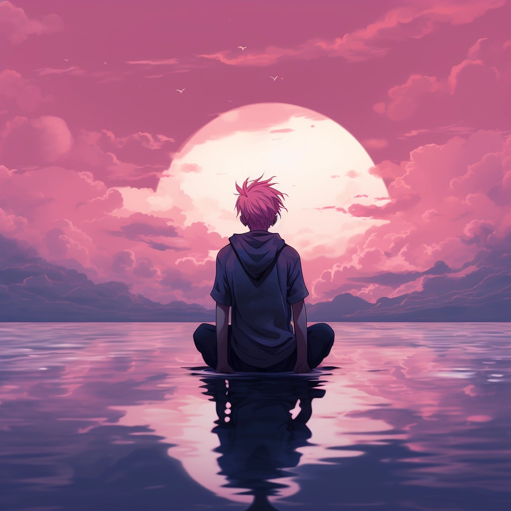 A boy with pink hair sitting in the water with the s