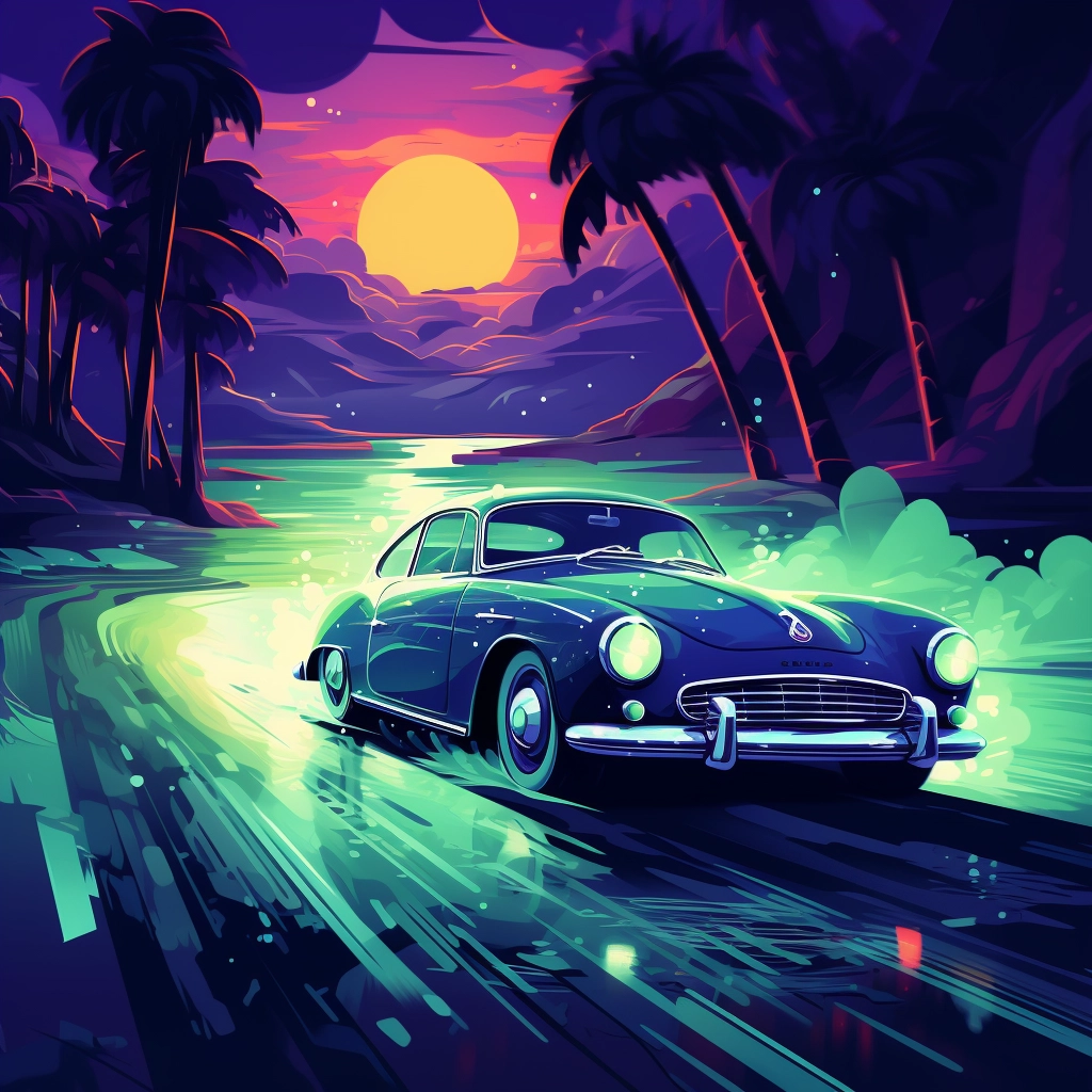 A beautiful illustration of a car driving at night d