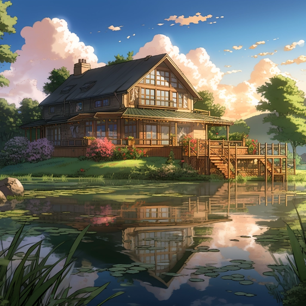 Anime lakehouse reflecting off of water HDR beautifu
