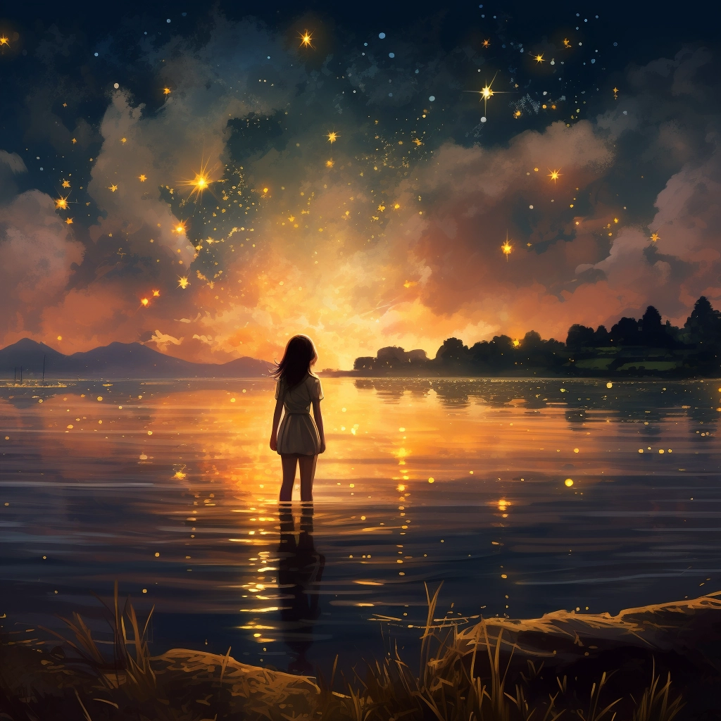 A girl standing at the edge of a lake with many star