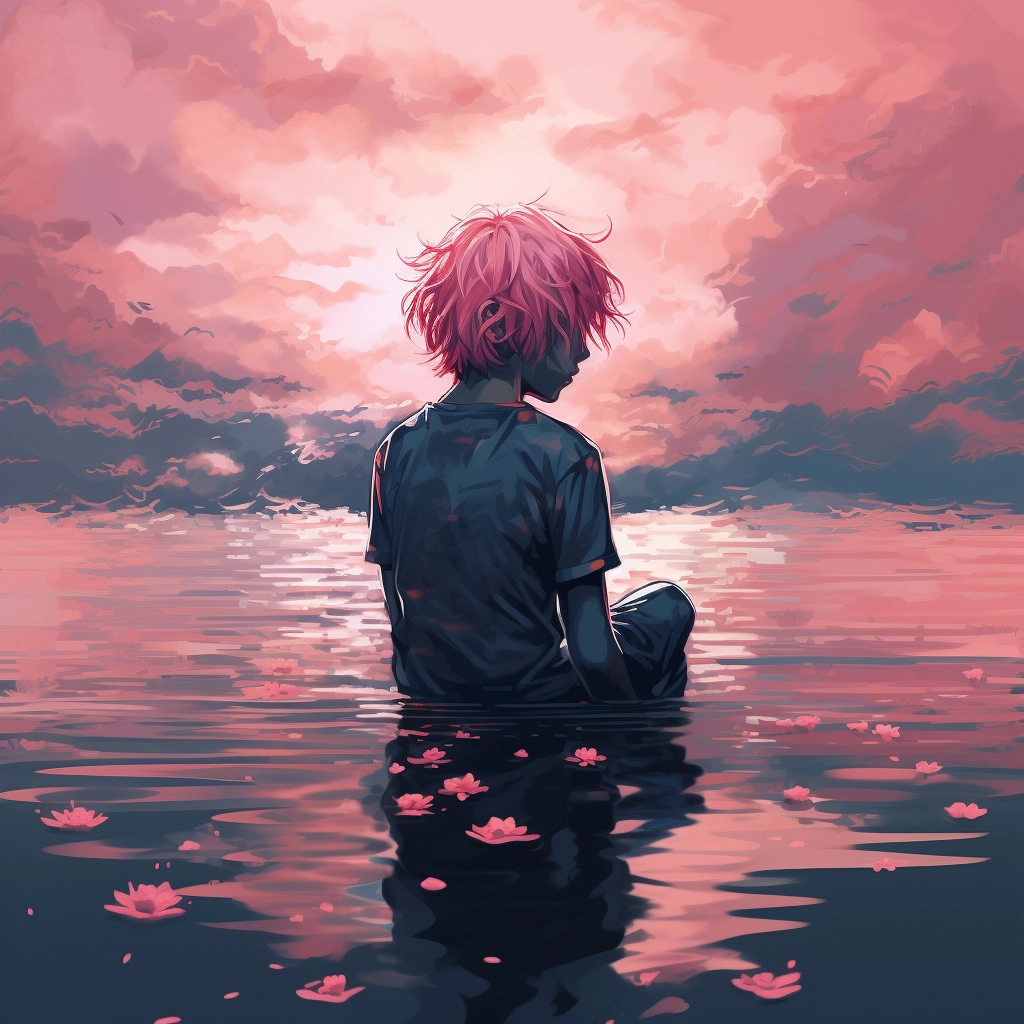A boy has pink hair sitting in the water with pink w