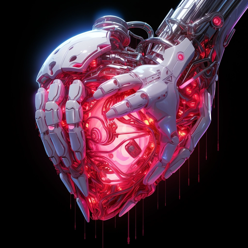 Synthetic heart being held in a robotic hand in the