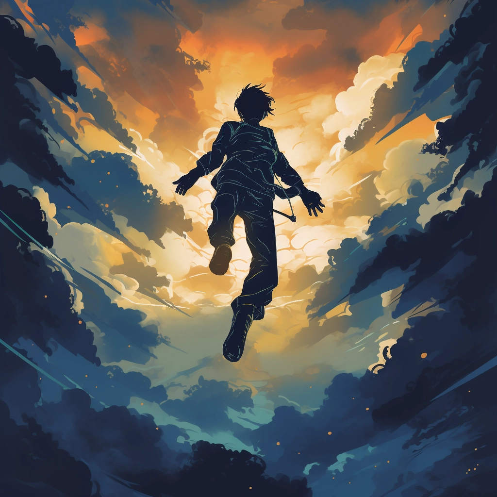 Silhouette of man flying under clouds in the style o