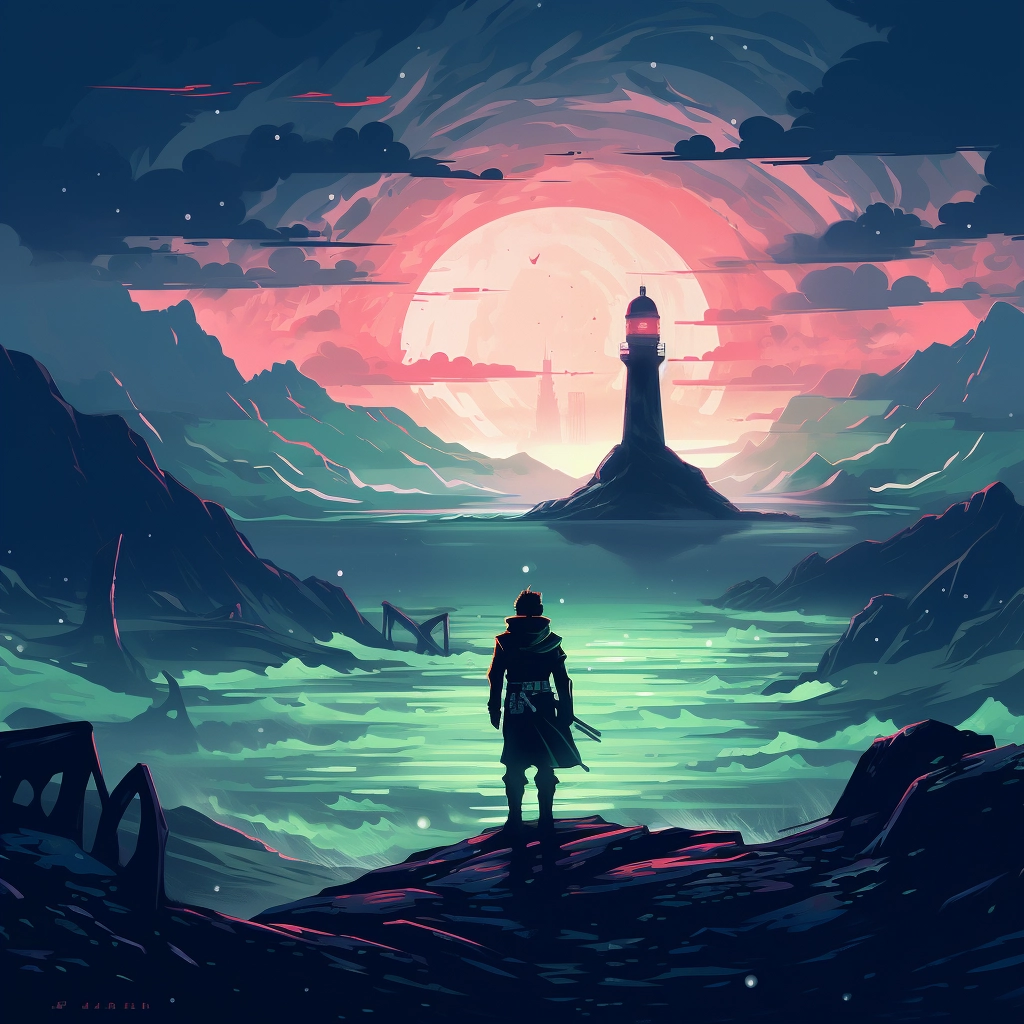 A man stands alone looking at a lighthouse with moun