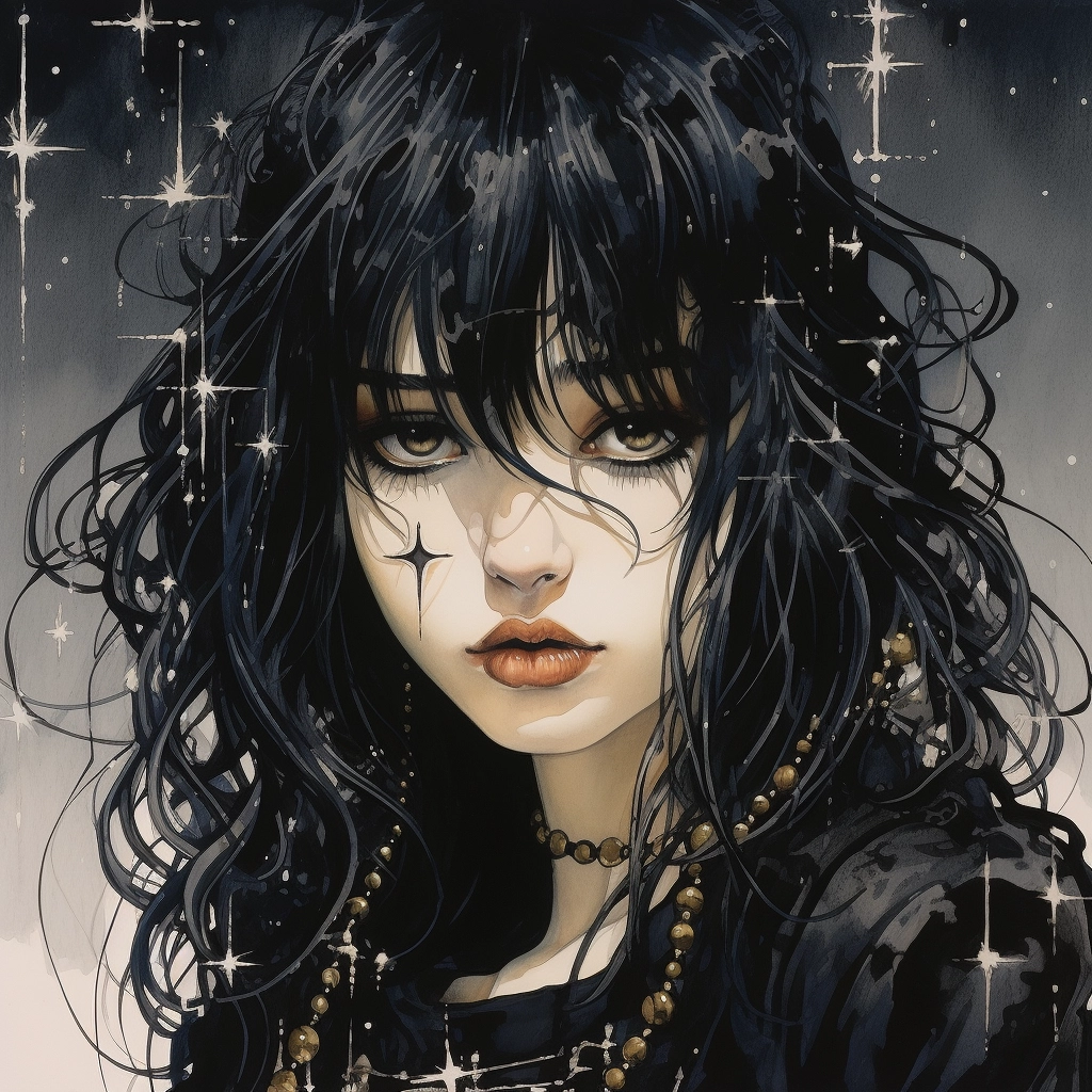 1990s anime goth girl with stars in her eyes