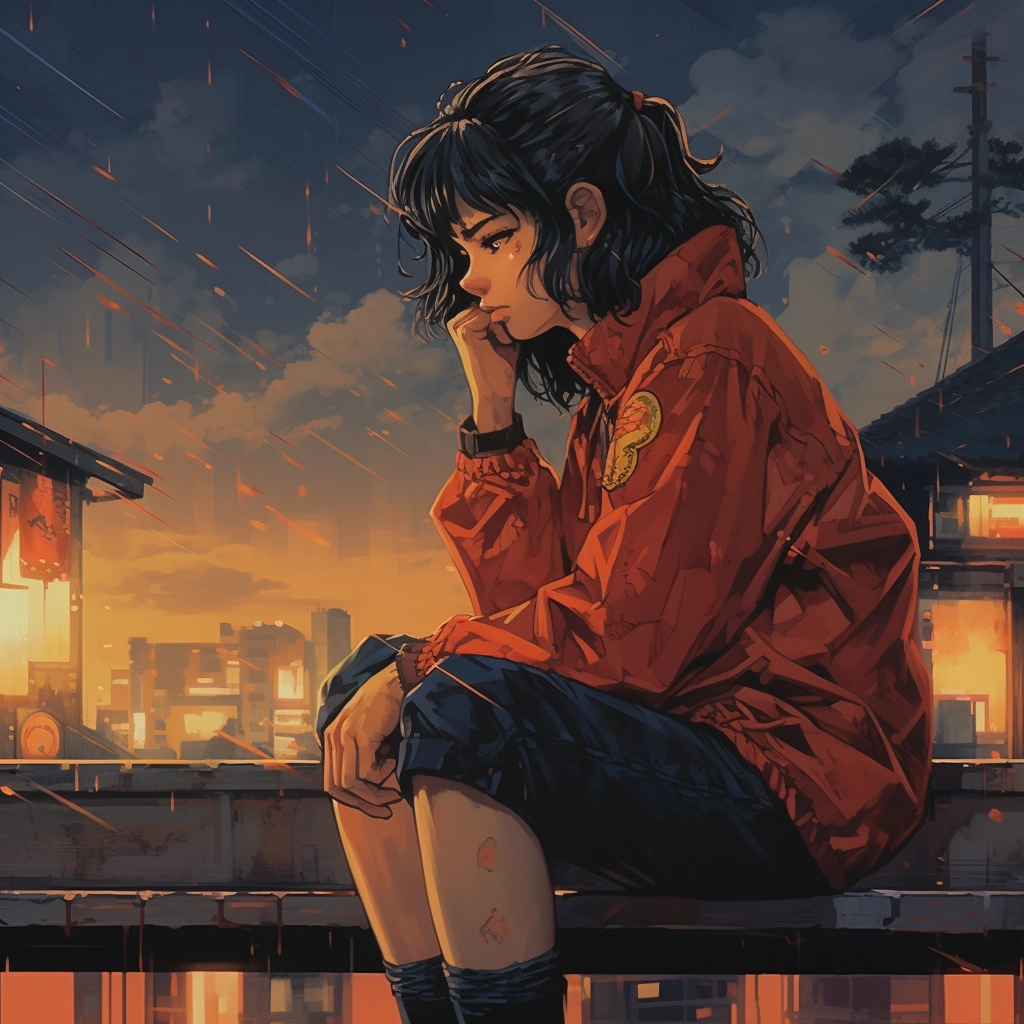 Sad moody lofi in the style of 1990s anime