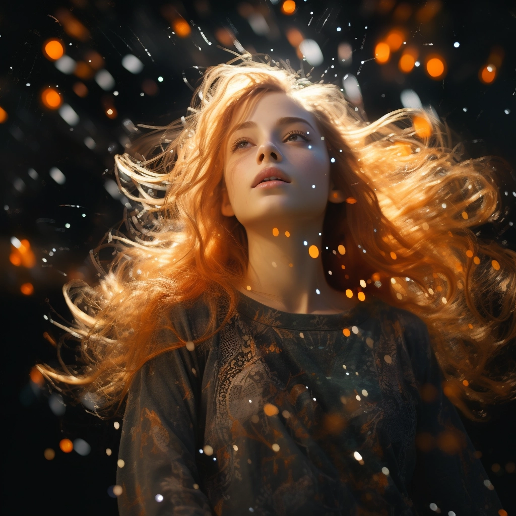 A woman in a sweater and a sparkle on her hair in th