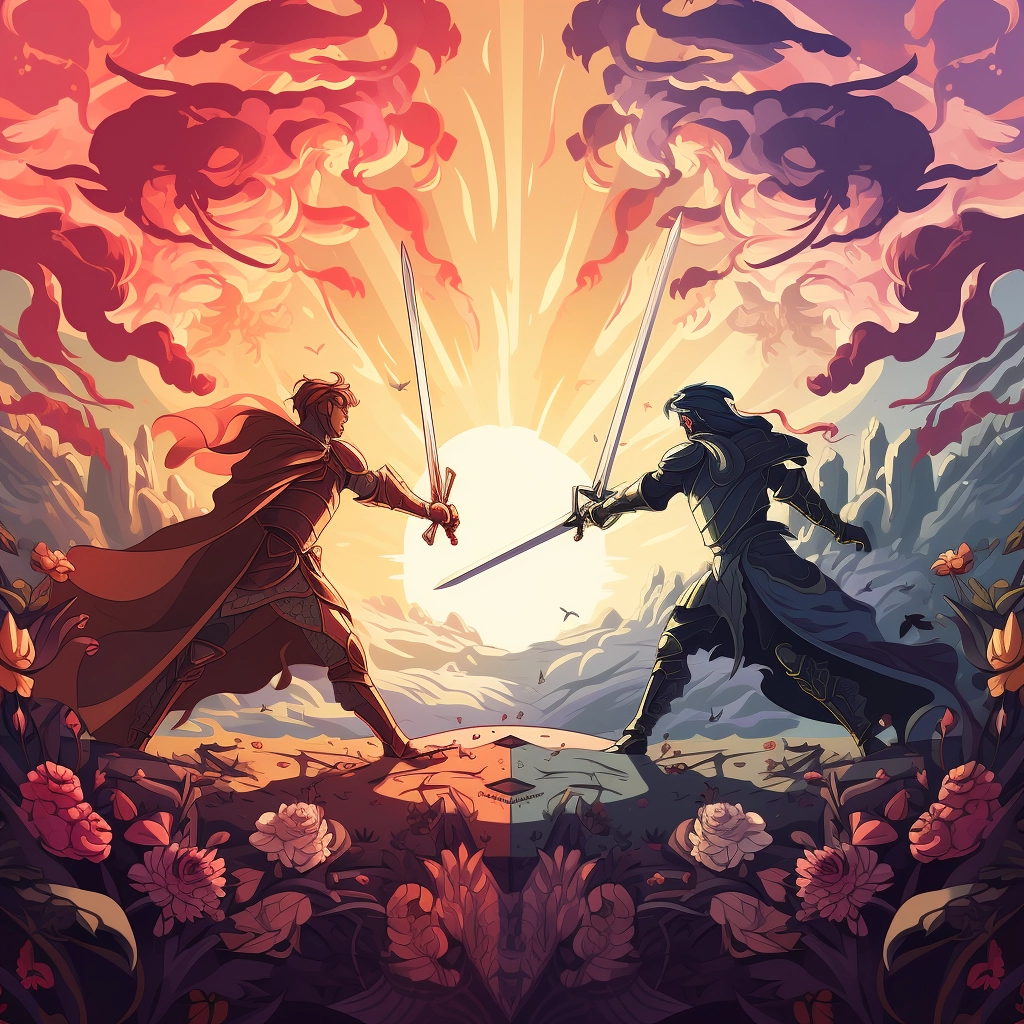 A beautiful illustration of two knights fighting dis