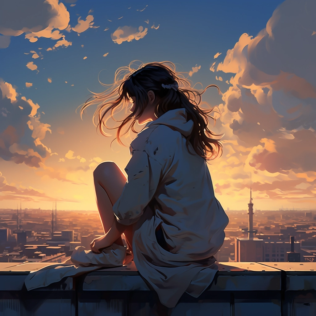 Girl sitting on the roof and watching the sunset in