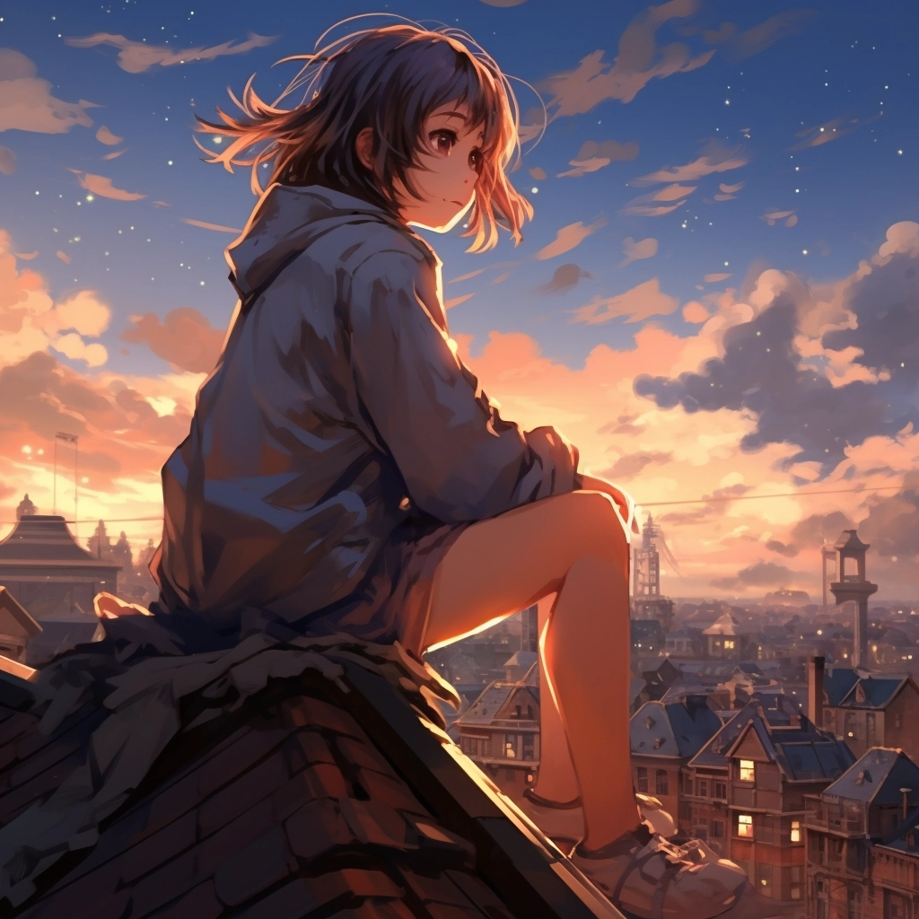 A girl sitting on top of a roof looking up in the st