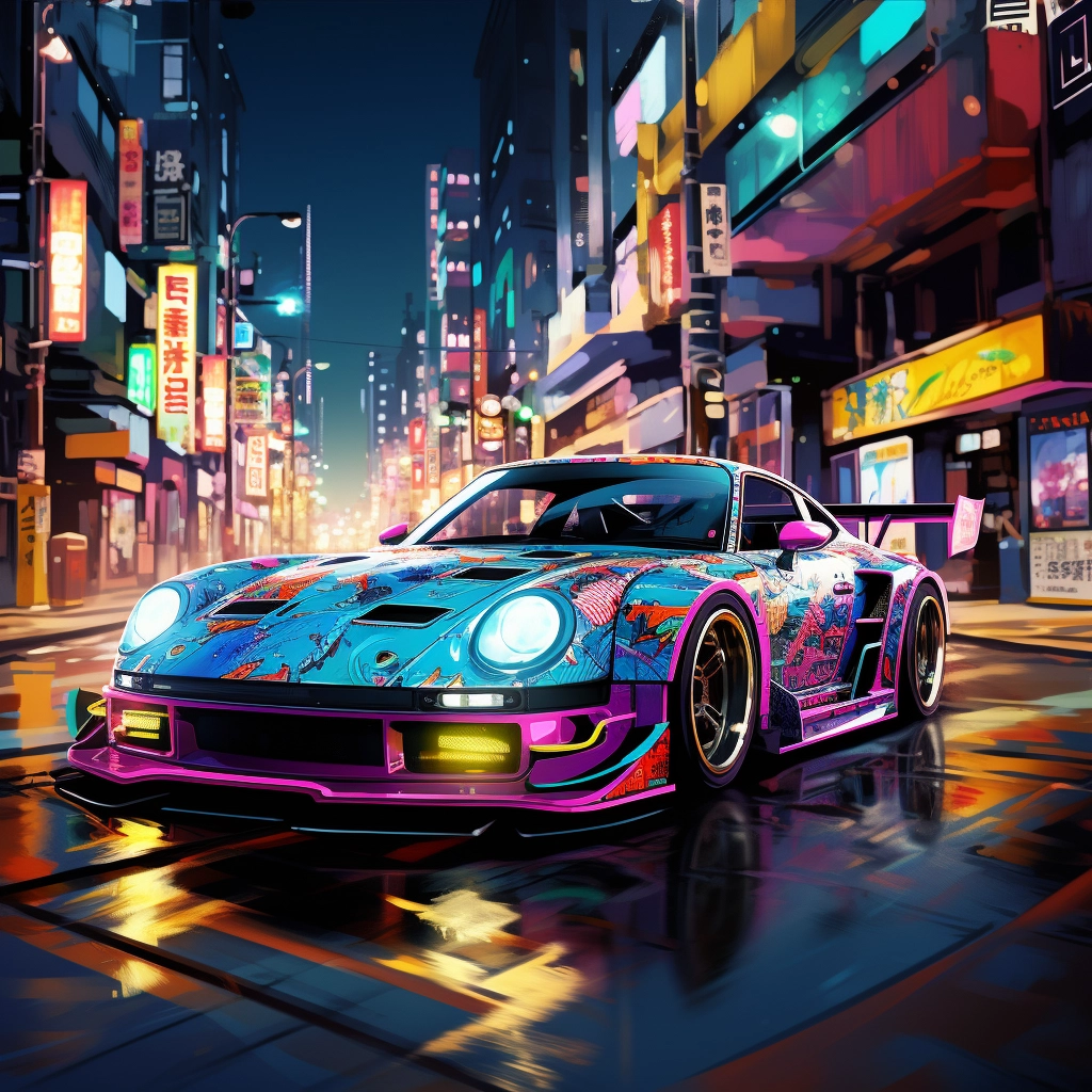 Pixel art of a sports car in the city lights in the