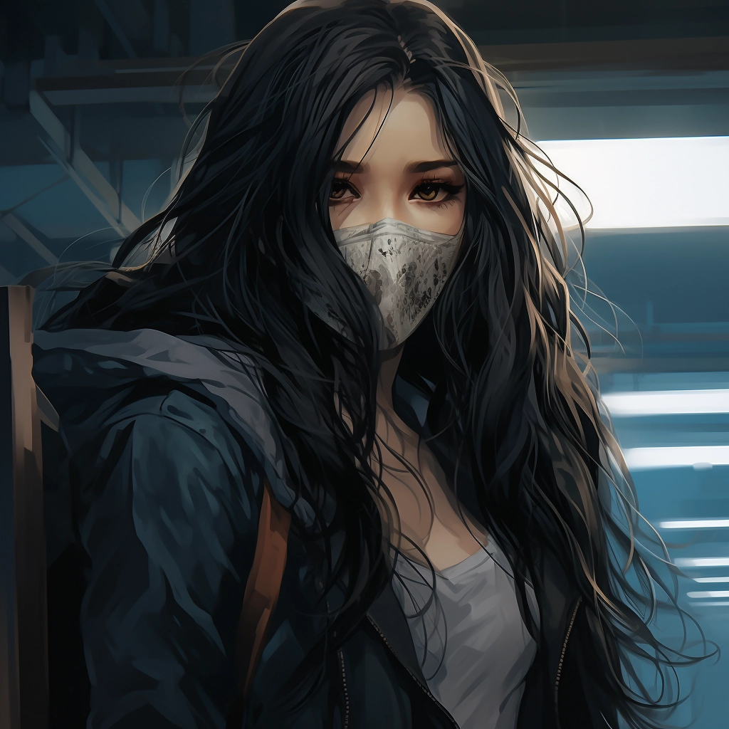 A girl in a mask with long dark hair in the style of
