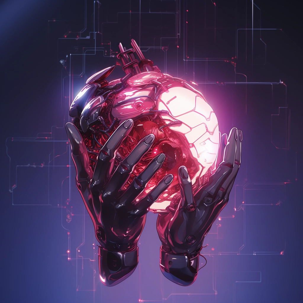 Synthetic heart being held in a robotic hand in the