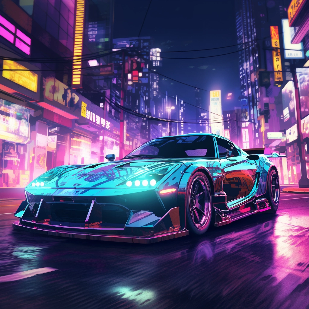 Pixel art of a sports car in the city lights in the