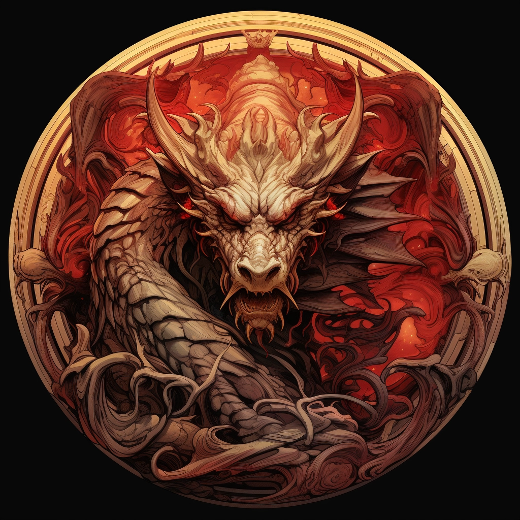 With a circular shape and a dragon in the background