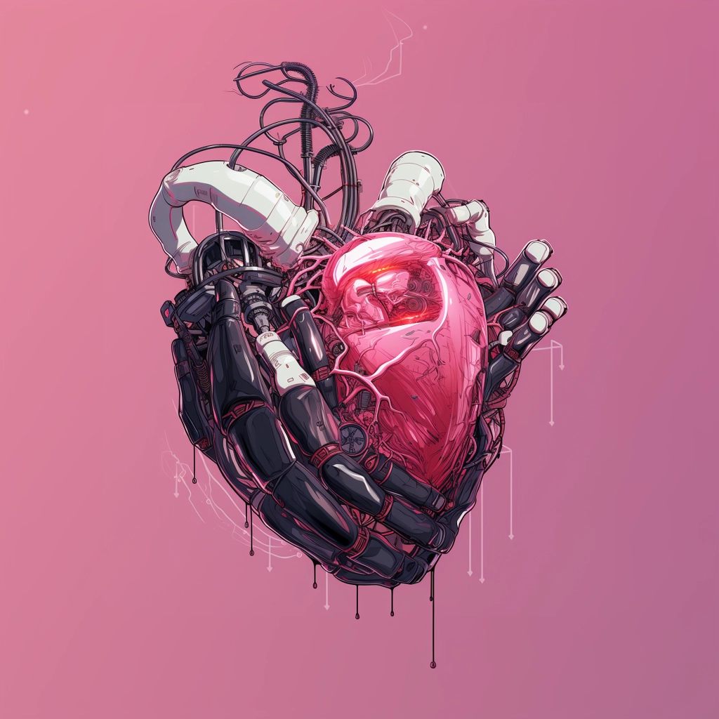 Synthetic heart being held in a robotic hand in the