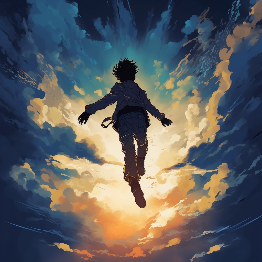Silhouette of man flying under clouds in the style o
