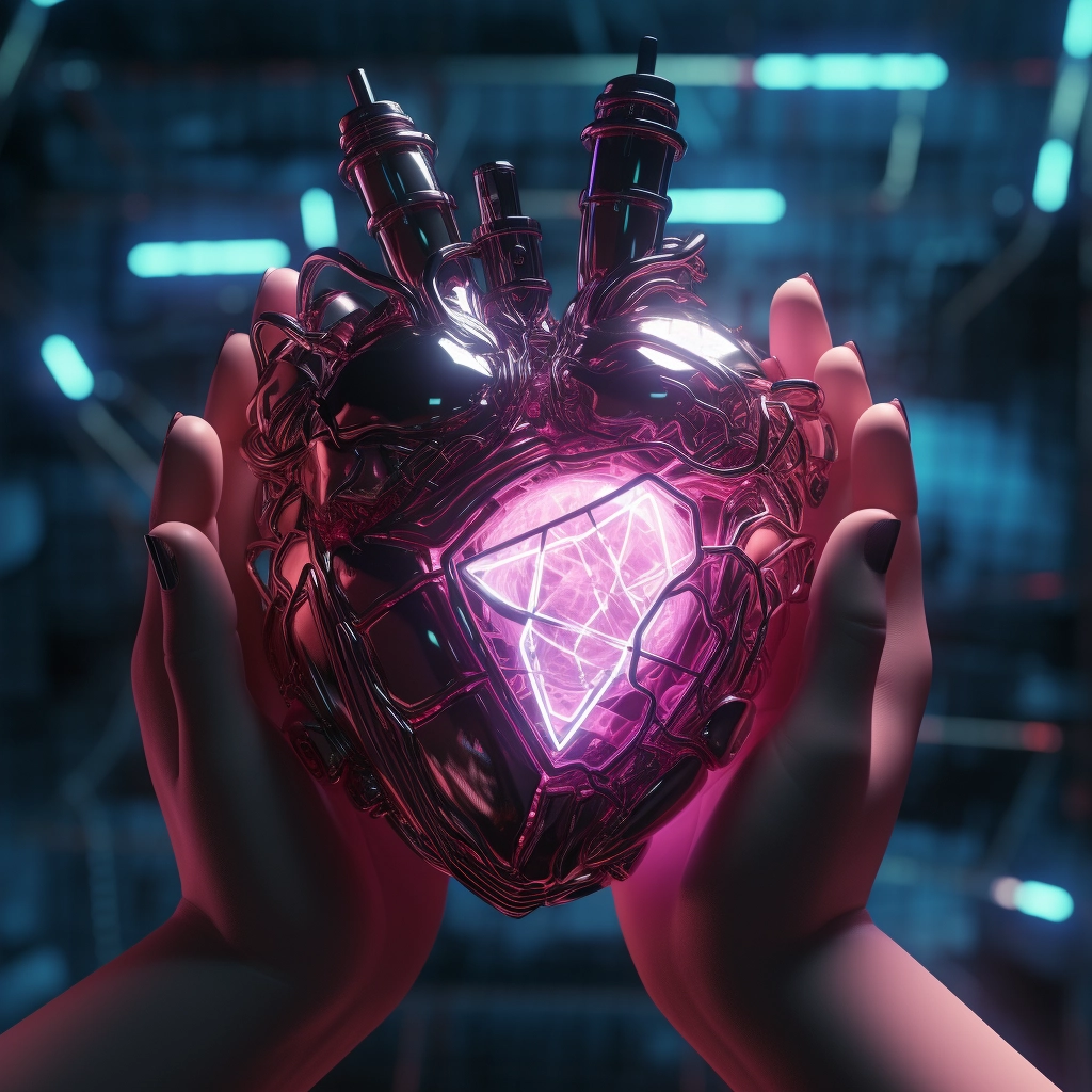 Synthetic heart being held in a robotic hand in the