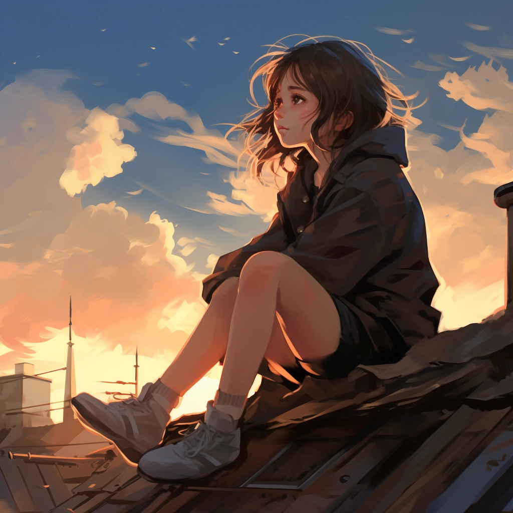 A girl sitting on top of a roof looking up in the st