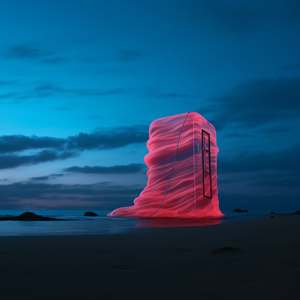 A blue phone floating on a beach below the waves in
