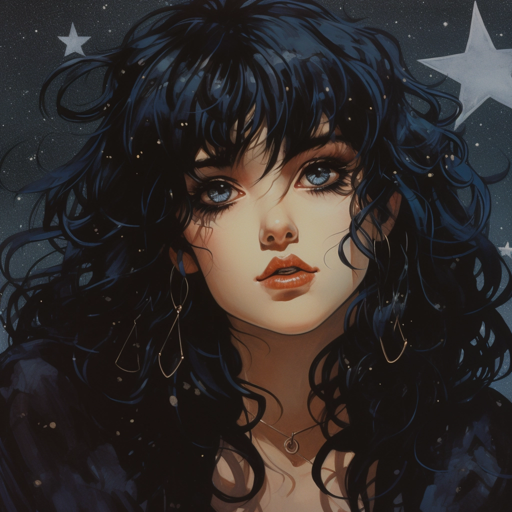1990s anime goth girl with stars in her eyes  