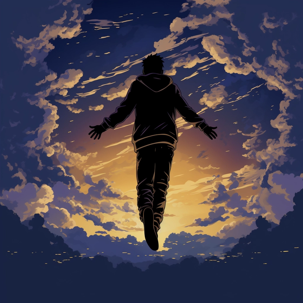 Silhouette of man flying under clouds in the style o