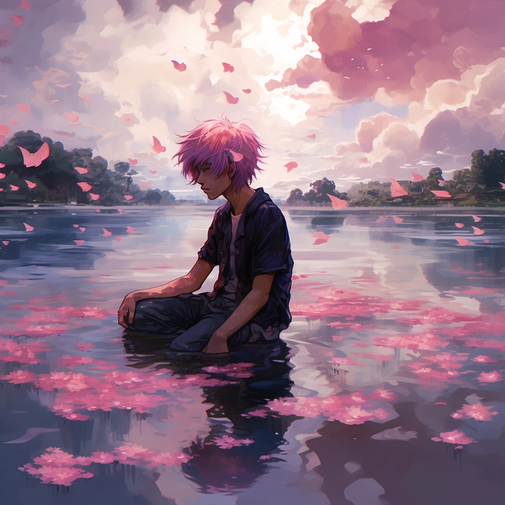 A boy has pink hair sitting in the water with pink w