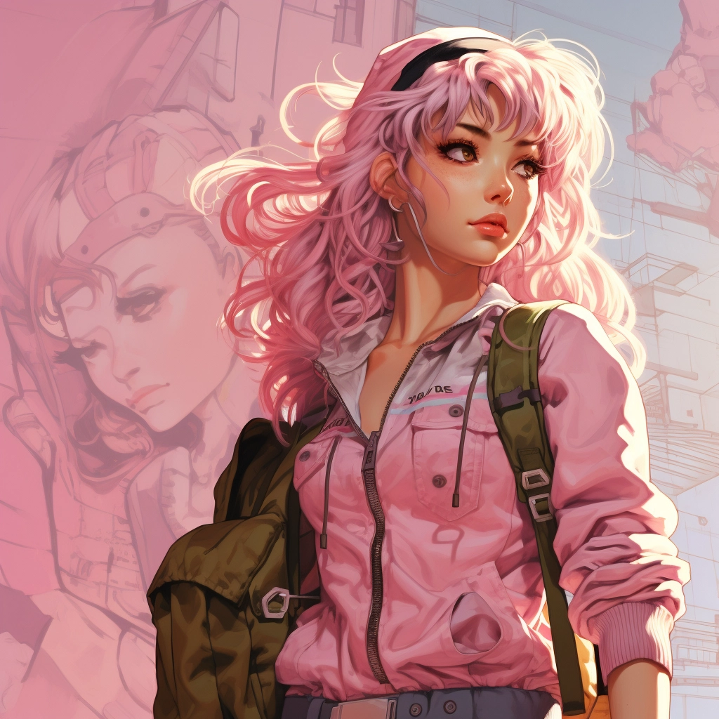 Anime girl in pink standing near her backpack in the