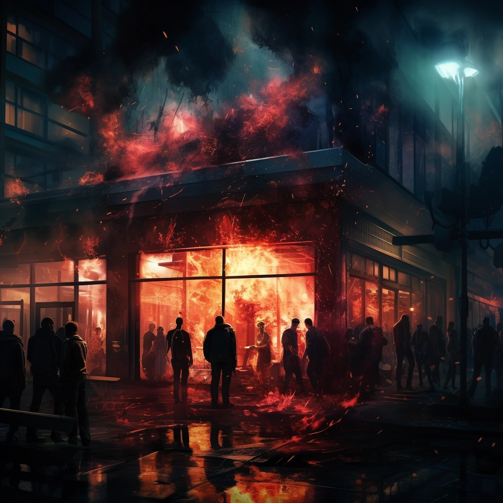 People inside of a building at night with red fire a
