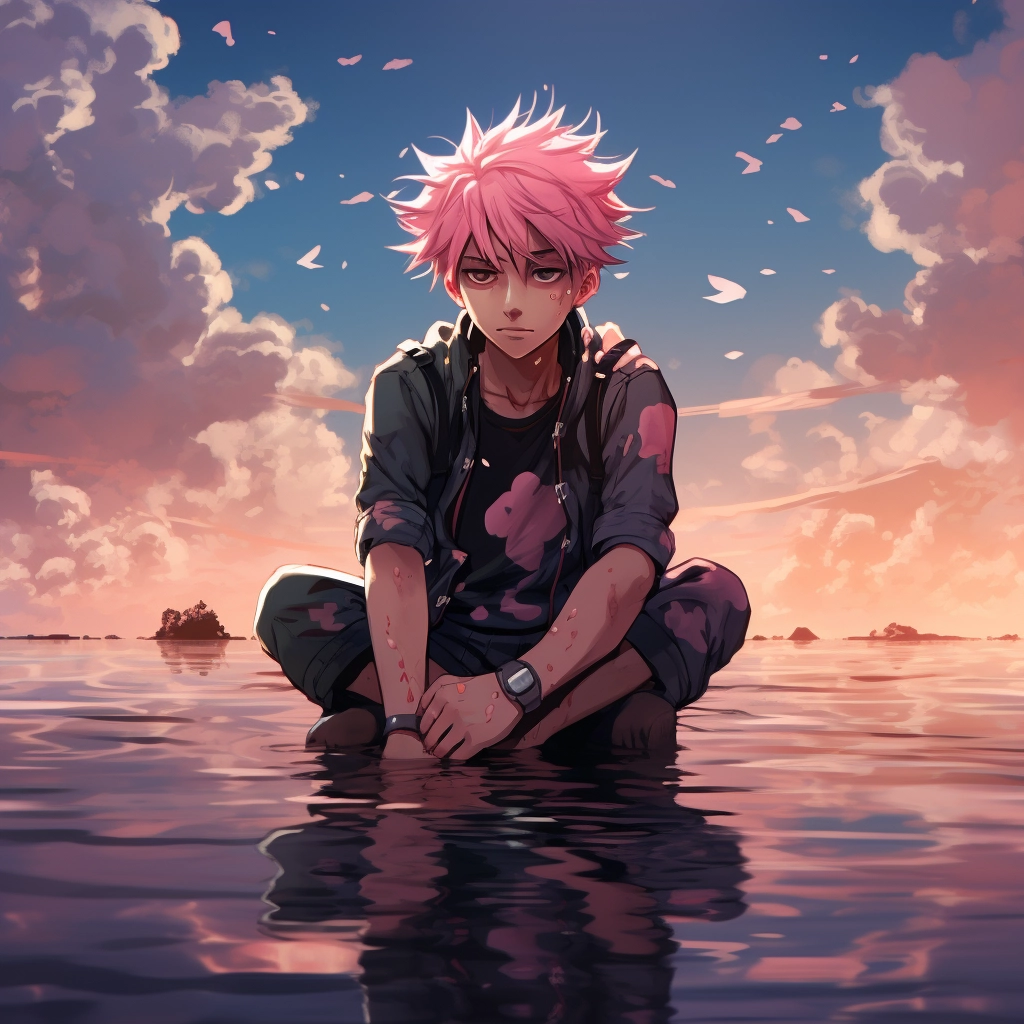 A boy has pink hair sitting in the water with pink w