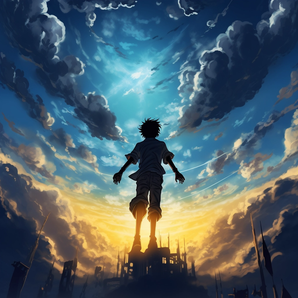 Silhouette of man flying under clouds in the style o