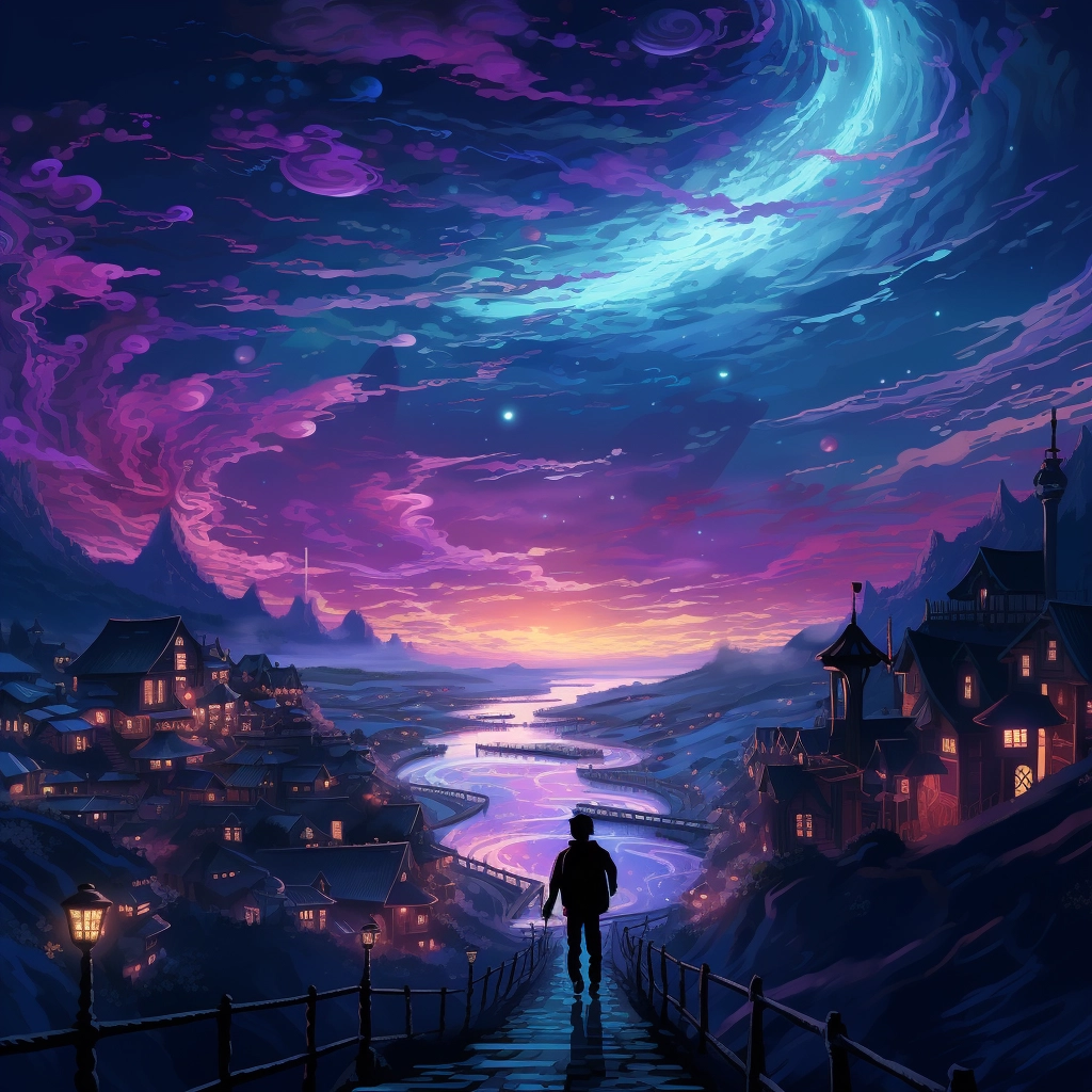Person walking to a small town on a nightscape with