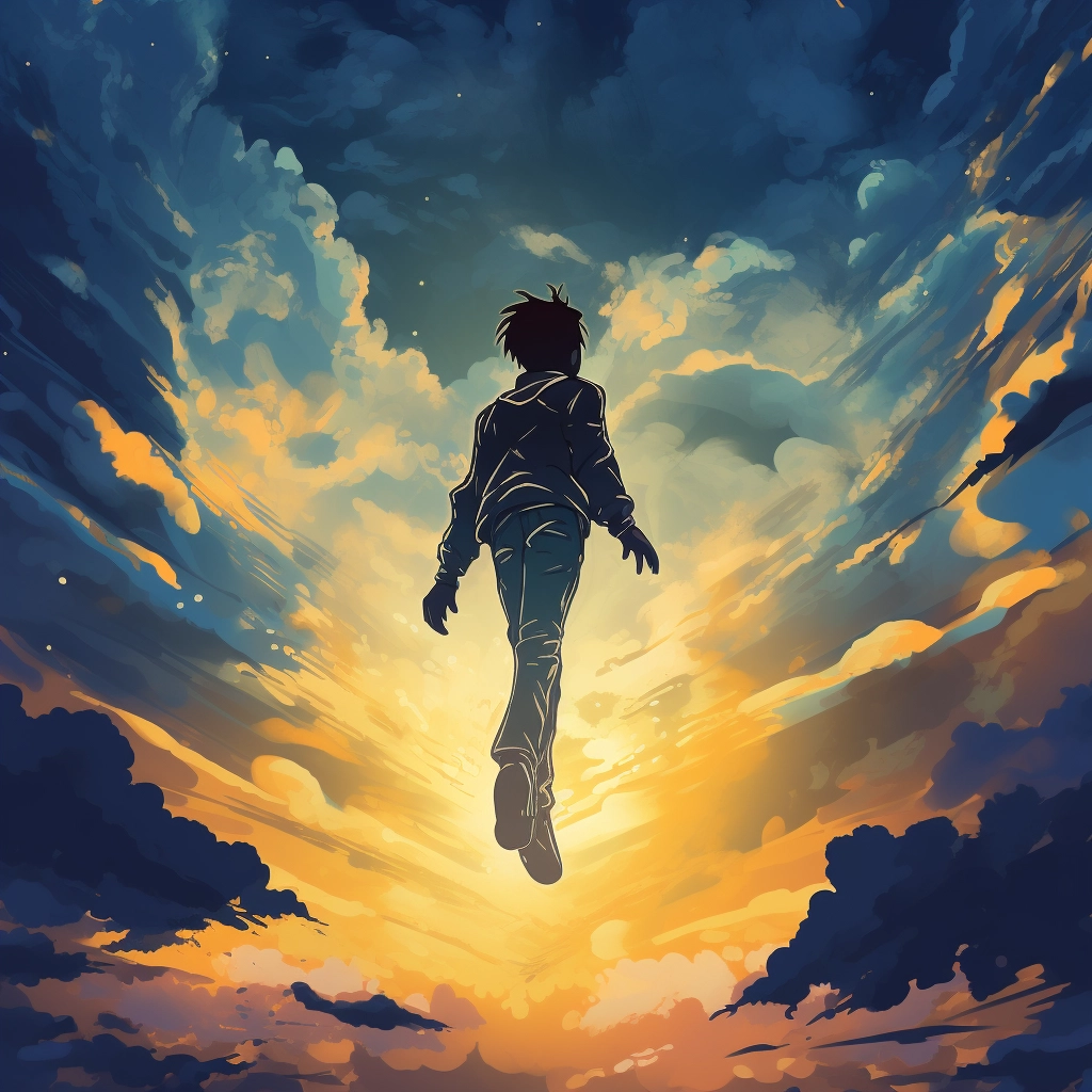 Silhouette of man flying under clouds in the style o
