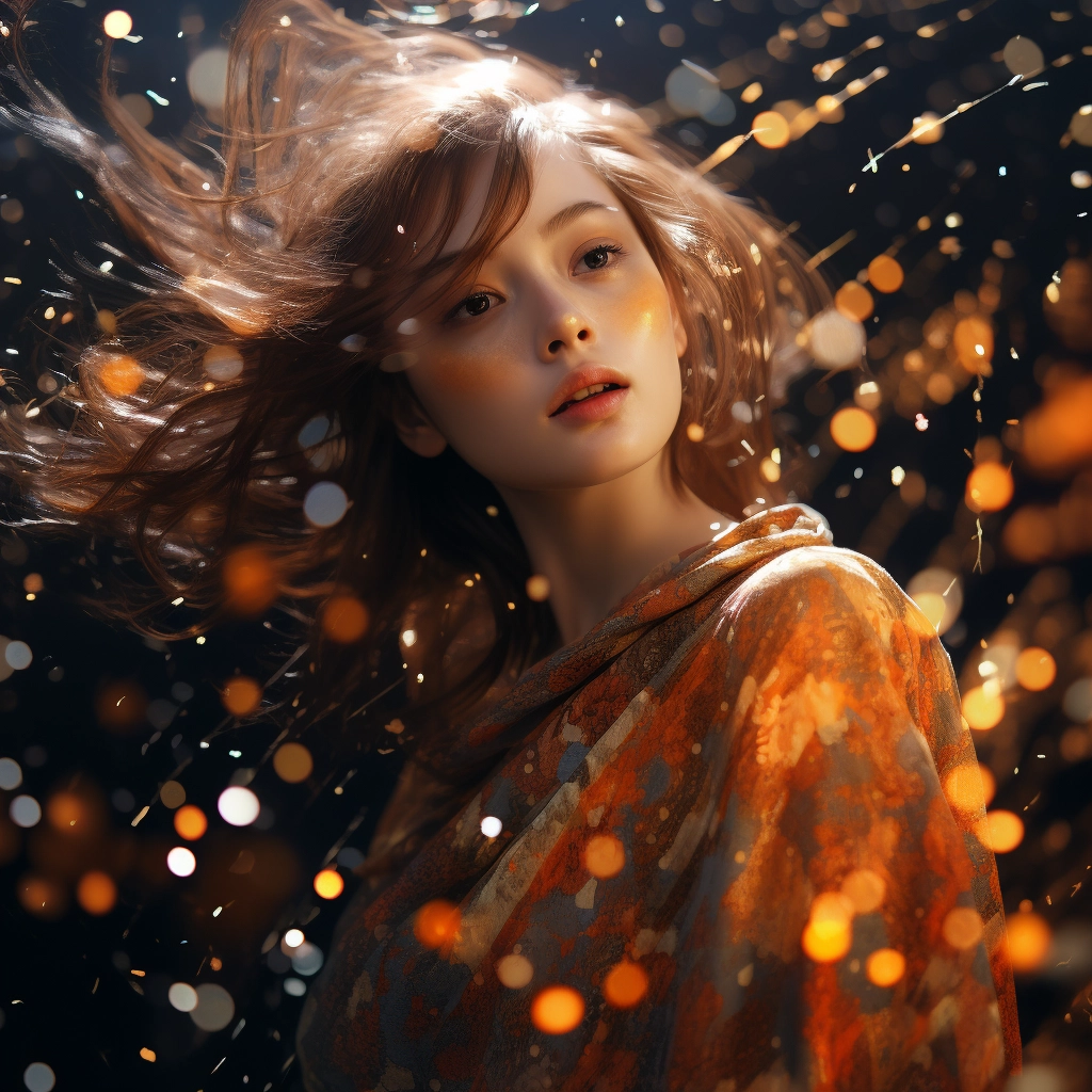 A woman in a sweater and a sparkle on her hair in th
