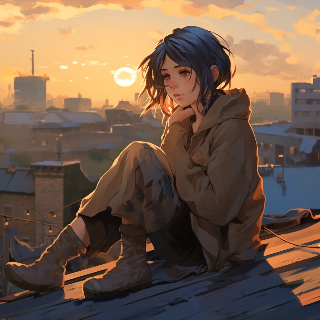 An anime girl sitting on the rooftop in the style of