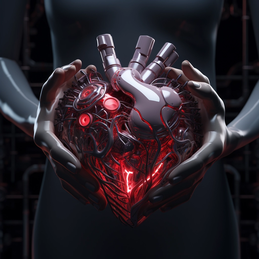 Synthetic heart being held in a robotic hand in the