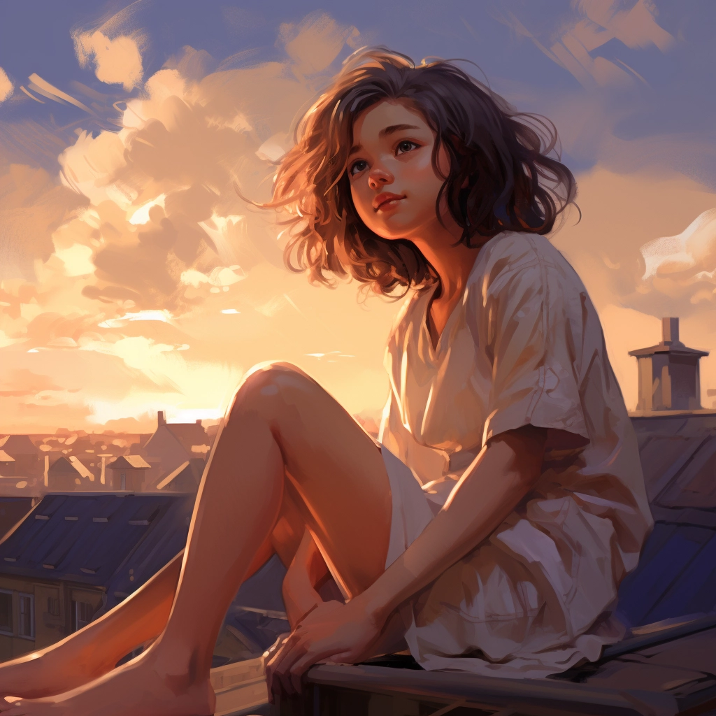 A girl sitting on top of a roof looking up in the st