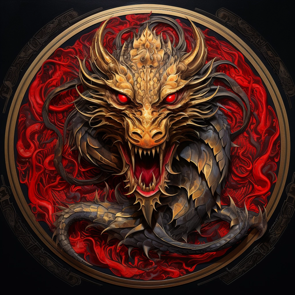 With a circular shape and a dragon in the background