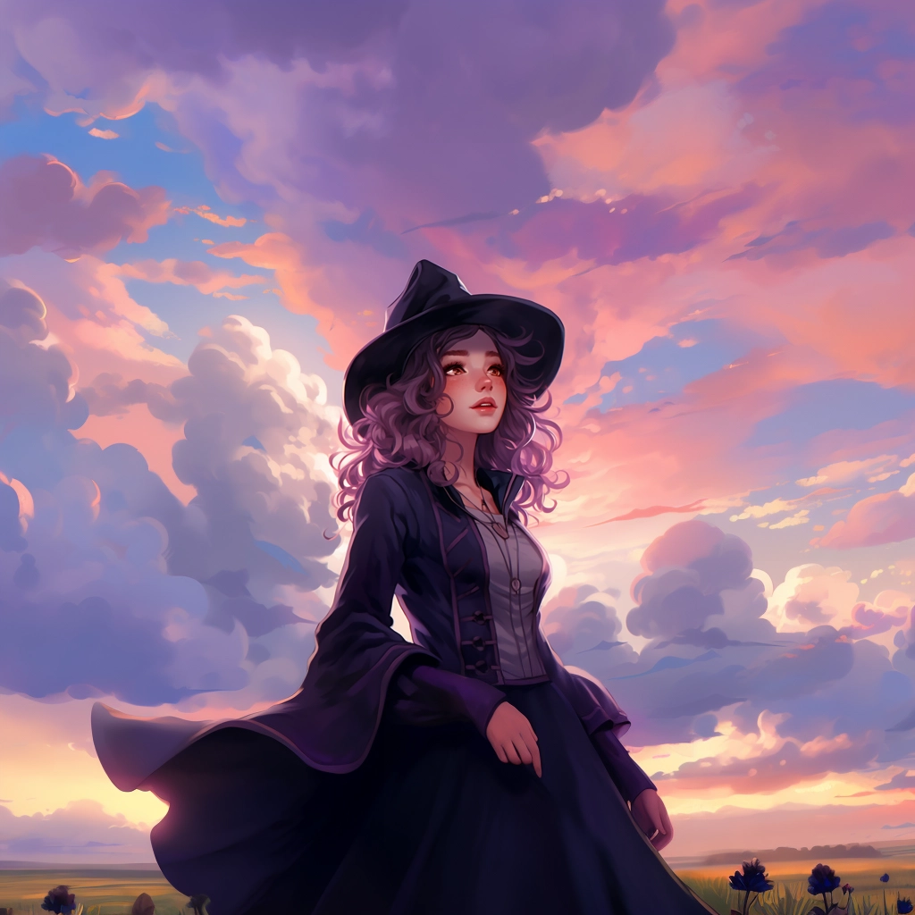 A girl wearing a black hat as sky fills with clouds
