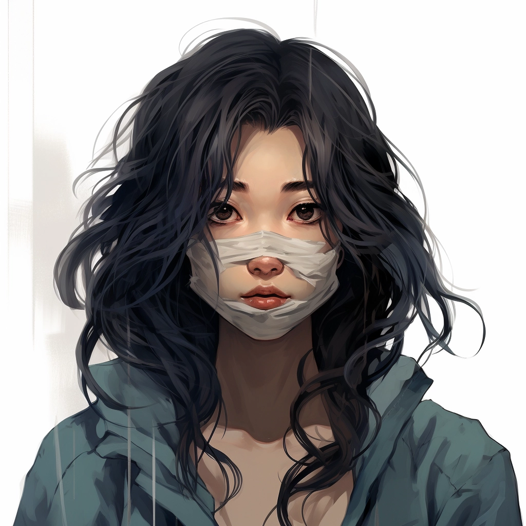 A girl in a mask with long dark hair in the style of