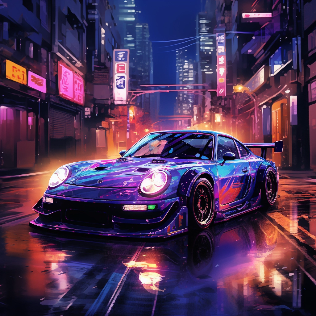 Pixel art of a sports car in the city lights in the