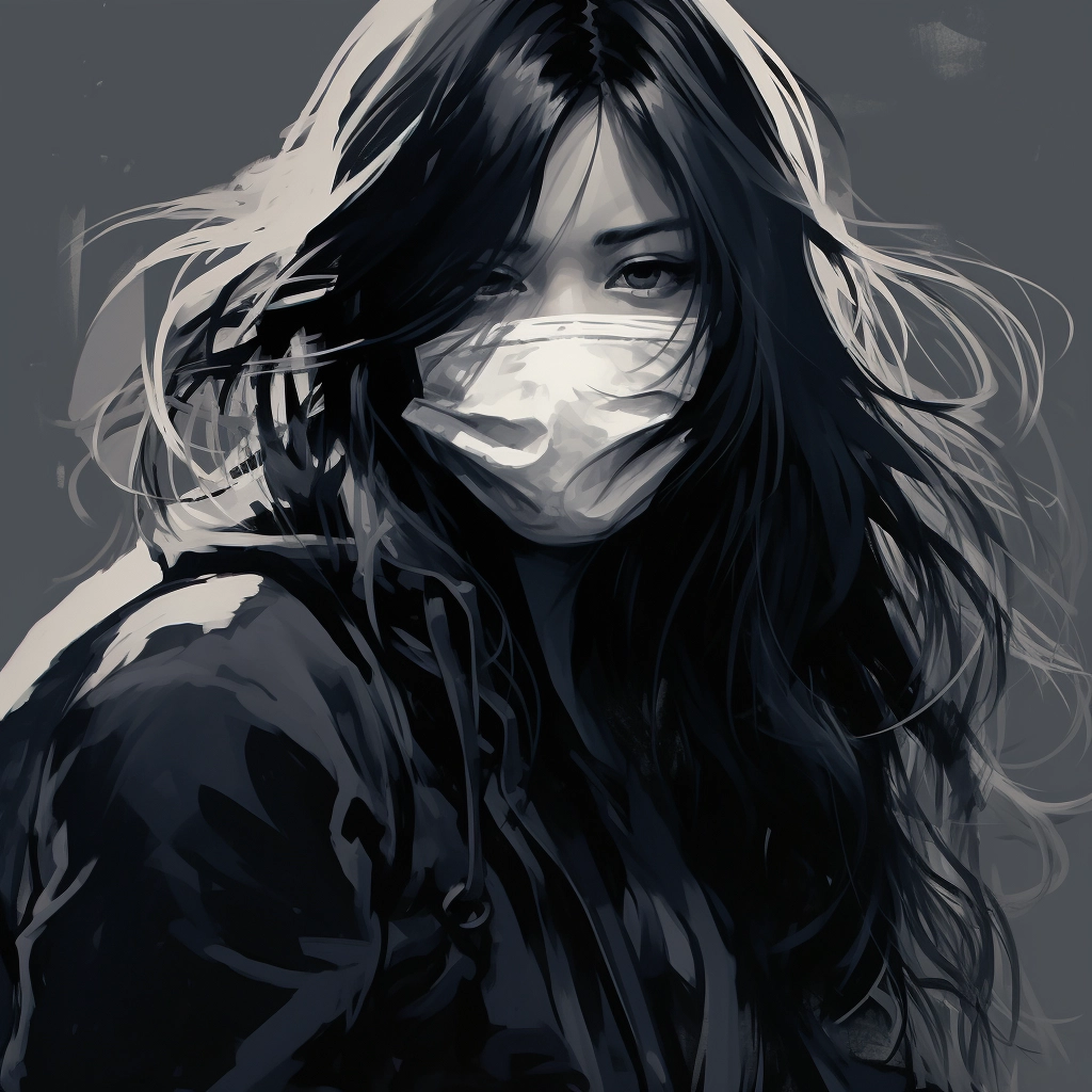 A girl in a mask with long dark hair in the style of