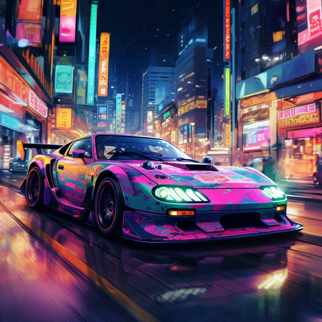 Pixel art of a sports car in the city lights in the