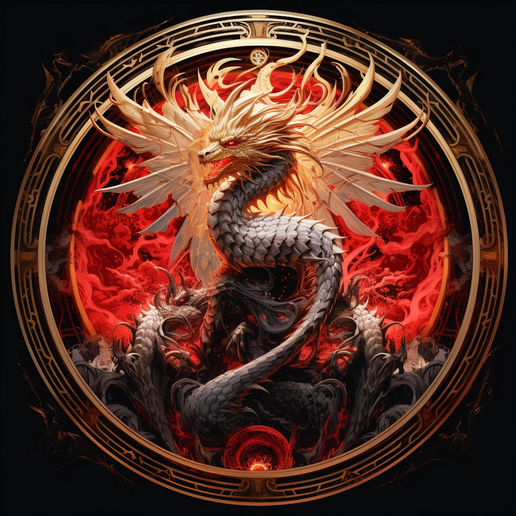 With a circular shape and a dragon in the background