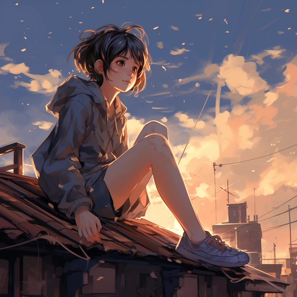 A girl sitting on top of a roof looking up in the st