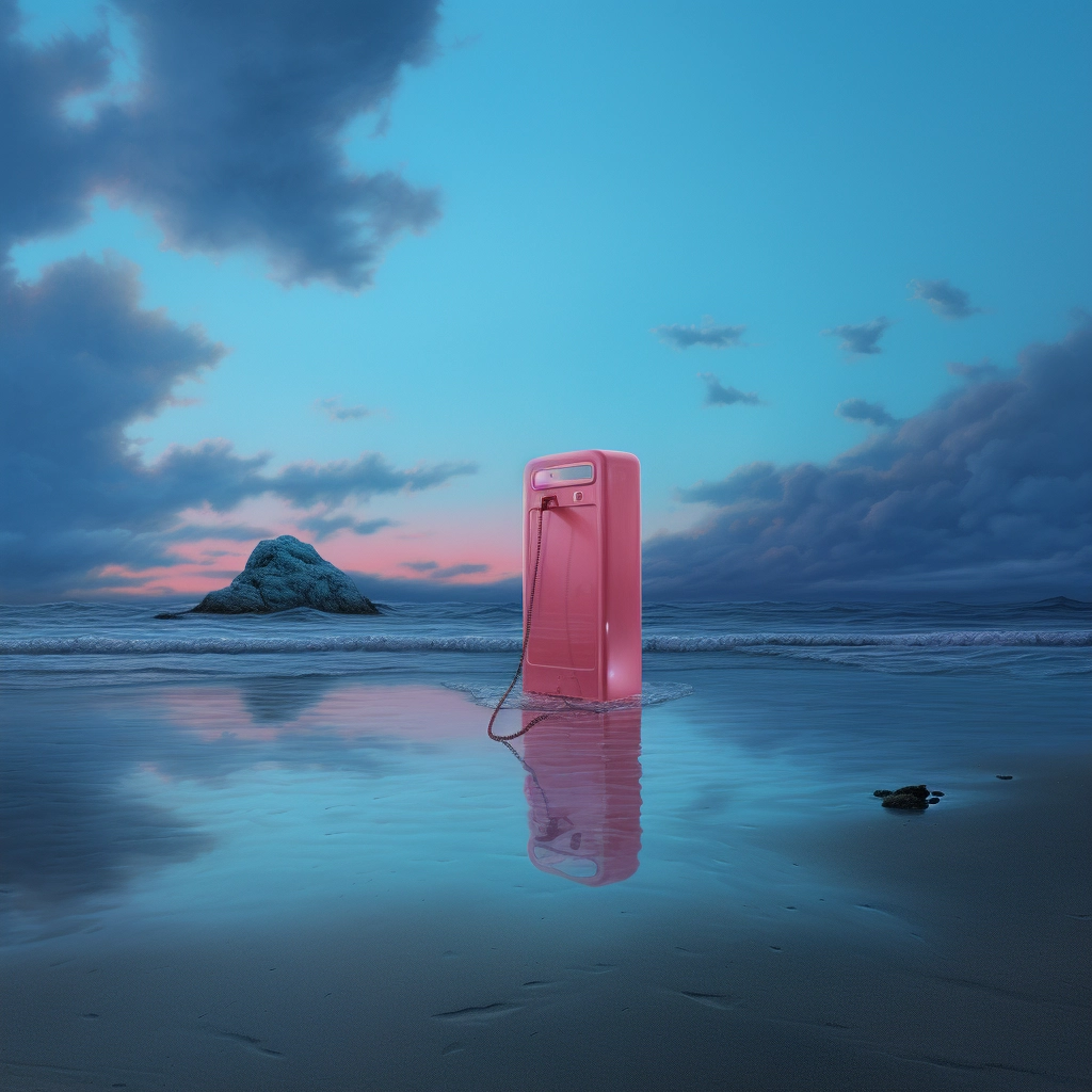 A blue phone floating on a beach below the waves in
