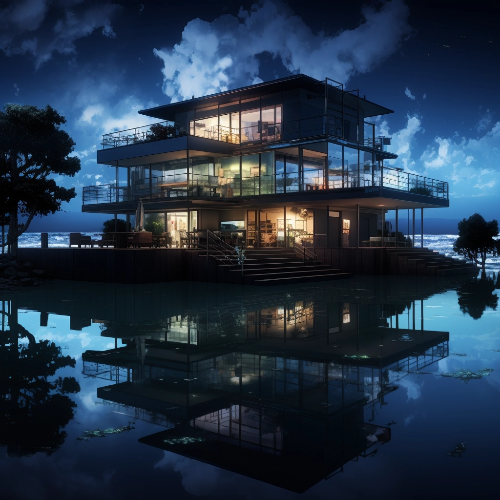 Anime lakehouse reflecting off of water HDR beautifu